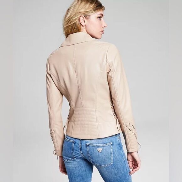 GUESS Women's Faux-Leather Asymmetric Moto Coat leather jacket size XXL latte - Picture 3 of 11